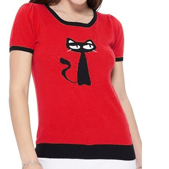 Women's Short Sleeve Crewneck Cat Print Casual T-Shirt Sweater - Picture 1 of 4